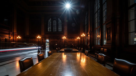 Interior of a hall at night with lights and a long exposureの素材