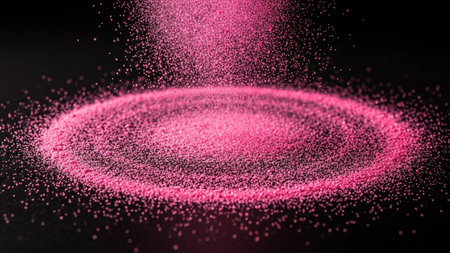 Pink glittering particles on black background. Abstract 3d rendering illustrationの素材
