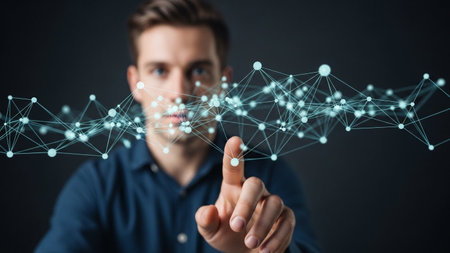 Businessman on blurred background using flying network connection interface 3D renderingの素材