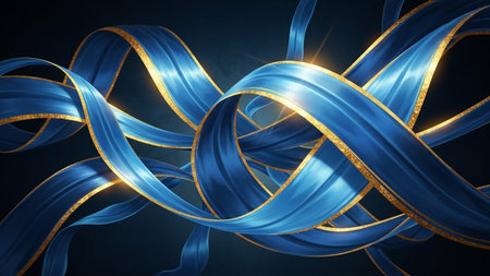 Blue and gold ribbons on a dark background. 3d renderingの素材