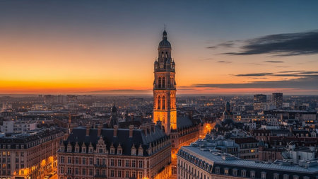 Panoramic view of the city of Brussels at sunset, Belgiumの素材