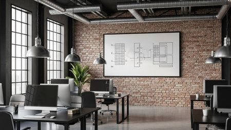 Interior of modern loft office with brick walls, concrete floor, black computer tables and white mock up poster. 3d renderingの素材