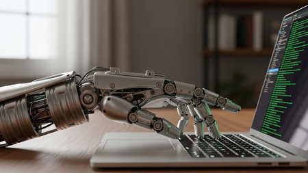 3d rendering robotic hand working on a laptop in a dark officeの素材