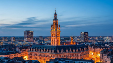 Panoramic view of the city of Brussels at night, Belgiumの素材