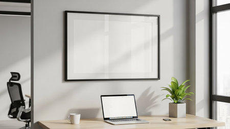 Modern office interior with blank poster on wall. Workplace concept. Mock up, 3D Renderingの素材
