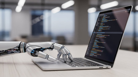 3d rendering robotic hand typing on laptop with programming code on screenの素材