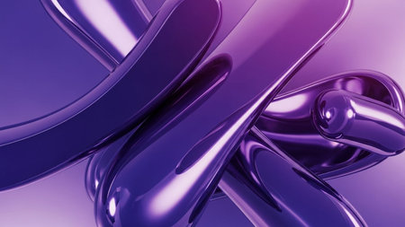 3d rendering of abstract metallic wavy shapes in purple color backgroundの素材