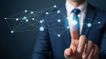 Businessman on blurred background using flying network connection interface 3D renderingの素材