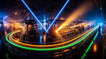 Futuristic light trails in modern factory. Futuristic technology conceptの素材