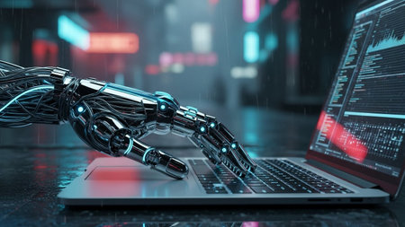 Robot hand on a laptop in a dark room 3D renderingの素材