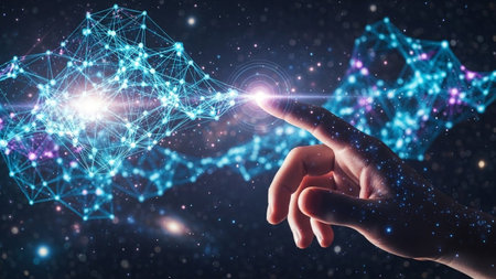 Businessman on blurred background using digital network hologram 3D renderingの素材