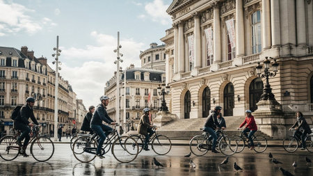 People cycling in the rain in central London.の素材