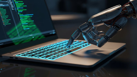 Robot hand typing on laptop keyboard. 3d rendering toned imageの素材
