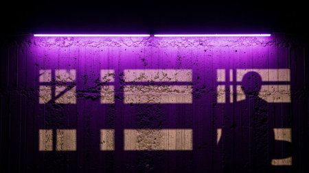 A rough, textured concrete wall is bathed in a vibrant purple light from a fluorescent tube above. Rectangular shapes of light and shadow, resembling window panes, are cast onto the surface, creating a stark geometric pattern. The interplay of light and dark, along with the rough texture of the concrete, gives the a moody and atmospheric feel. The overall impression is abstract and modern, with a hint of urban or industrial aesthetic.の素材