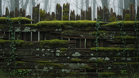 An ancient, weathered wooden fence stands in a foggy, misty forest. The fence is constructed from rough, dark brown wooden planks and posts, many of which are broken or decaying. Lush green moss covers large sections of the wood, and delicate vines with small leaves are intertwined, climbing over the structure. The overall atmosphere is damp, wild, and evocative of a forgotten place.の素材