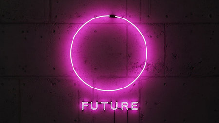 A stark, textured concrete wall serves as the backdrop for a bright, vibrant pink neon sign. The sign a glowing circle and the word "FUTURE" illuminated below it. The contrast between the rough texture of the wall and the smooth, electric glow of the neon creates a modern and impactful visual. The lighting is dramatic, with the neon casting a soft pink hue onto the surrounding surface.の素材