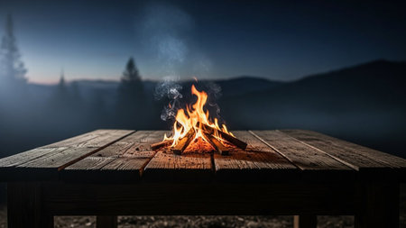 A vibrant campfire burns brightly on a rustic wooden table during twilight. The flames, rendered in warm oranges and yellows, cast a glowing light on the textured wood of the table. Wisps of smoke curl upwards into the darkening sky. The background is softly blurred, showing the silhouettes of trees and hills, creating a sense of depth and atmosphere. The overall mood is cozy and inviting, evoking a feeling of outdoor adventure and relaxation.の素材