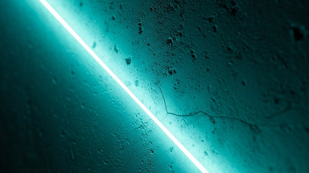 An extreme close-up reveals the rough, textured surface of a concrete wall, marked with subtle cracks and imperfections. A single, bright strip of cyan neon light cuts diagonally across the frame, casting a vibrant glow and sharp illumination. The contrast between the gritty, organic texture of the wall and the clean, artificial light creates a modern, abstract, and visually striking composition.の素材