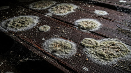 A detailed close-up shot reveals clusters of fuzzy mold and delicate cobwebs spread across weathered, dark wooden planks. The mold appears in various sizes and shades of white and yellow, with a slightly fuzzy texture. The wood grain is prominent, showing signs of age and wear. The scene is dimly lit, creating a sense of neglect and decay, with the intricate details of the organic growth and spiderwebs highlighted.の素材