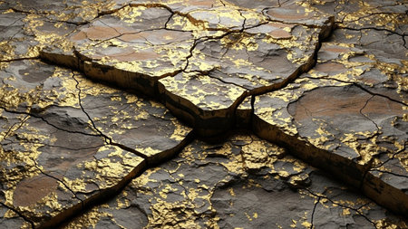 A detailed, close-up view of a cracked earth texture, revealing deep fissures and a rough, arid surface. Shimmering veins of gold run through the cracks, creating a striking contrast between the earthy tones and the metallic sheen. The texture is highly detailed, showcasing the natural patterns of dryness and decay, enhanced by the opulent appearance of the gold.の素材