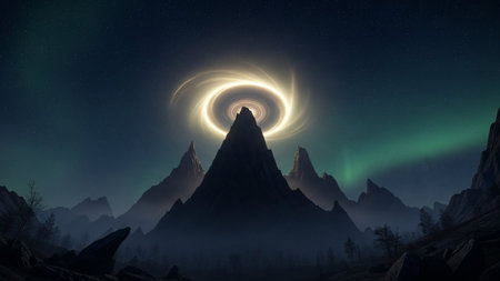 A dramatic night landscape a silhouetted mountain peak piercing a dark sky. A luminous, swirling nebula or accretion disk encircles the summit, emitting a bright golden glow. Streaks of green aurora borealis dance across the starry expanse, casting an ethereal light on the surrounding jagged mountain ranges. The scene evokes a sense of cosmic wonder and mystery.の素材