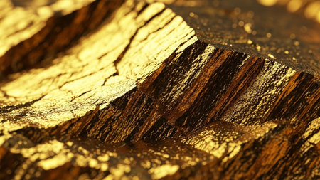 An extreme close-up reveals the intricate and texture of a golden mineral surface. The focuses on sharp, crystalline facets and rough, natural formations that catch the light, creating a display of shine and reflection. The color palette is dominated by rich, deep golden and brown hues, suggesting the raw beauty of precious ore. The detailed texture highlights the geological origins of the with visible striations and imperfections that add to its character. This abstract view of the...の素材