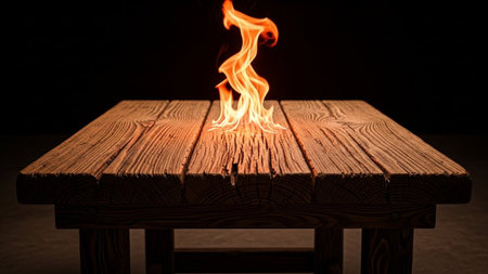 Intense, vibrant flames erupt directly from the surface of a rustic, weathered wooden table. The fire is a dynamic display of orange, yellow, and red hues, with swirling tendrils reaching upwards. The wood grain of the table is clearly visible, showing signs of heat and texture. The background is dark and out of focus, emphasizing the fiery captures the raw power and elemental force of fire in a striking and dramatic composition.の素材