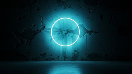 A vibrant cyan neon circle casts a bright glow on a dark, textured concrete wall. The wall's surface is rough and cracked, with the light highlighting the imperfections and creating a dramatic contrast. The floor below is dark and reflective, mirroring the light from the neon ring. The overall atmosphere is minimalist, moody, and mysterious, with the glowing circle serving as the sole focal point in the dimly lit space.の素材