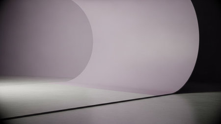 a minimalist studio setting with a large, curved backdrop in a soft pastel shade of pink and purple. The seamless curve transitions smoothly from the vertical wall to the horizontal floor, creating an illusion of infinite space. The floor is a neutral concrete, subtly lit to emphasize its texture. The lighting is soft and diffused, creating a gentle gradient across the backdrop and a sense of calm and spaciousness. This is an background for product portraits, or any concept requiring a...の素材