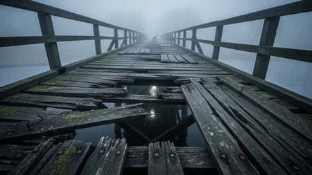 A dramatic perspective shot of a decaying wooden bridge stretching into a dense, atmospheric fog. The weathered planks are broken and missing in places, revealing dark water below. The wooden railings are also in disrepair. The overall mood is eerie and mysterious, with a sense of isolation and forgotten passage. The limited visibility due to the fog creates a dramatic and moody scene.の素材
