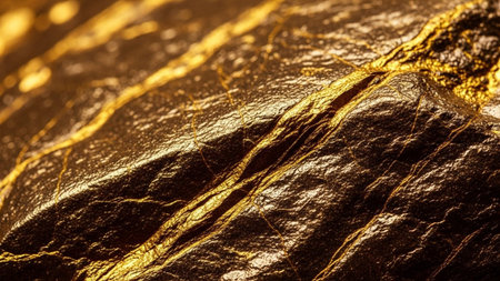 An extreme close-up shot reveals the intricate texture of a gold surface. The is rich and opulent, with deep crevices and raised areas that catch the light, creating a shimmering effect. Fine, intricate veins of a brighter gold run through the darker, textured base, adding complexity and visual interest. The overall impression is one of luxury, richness, and natural, abstract beauty.の素材