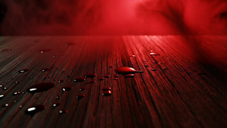 A close-up view of a dark wooden surface, possibly a table or floor, with visible wood grain. Scattered across the surface are numerous small droplets of liquid, reflecting the intense red light that illuminates the scene. Wisps of red smoke or fog drift in the background, creating a dramatic and moody atmosphere. The lighting casts deep shadows, enhancing the texture of the wood and the glistening of the water.の素材