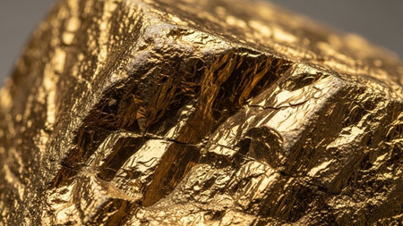 A highly detailed macro focuses on a single, rough gold nugget. The surface is uneven and craggy, with deep fissures and ridges that catch the light, creating a metallic sheen. The color is a rich, warm golden yellow, highlighting its precious nature. The texture is complex and varied, showing the raw, unrefined state of the metal. The lighting accentuates the reflective qualities of the gold, making it appear luminous and valuable.の素材