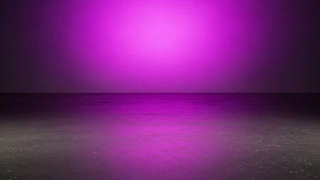 An empty stage is presented with a stark, dark concrete floor. A single, vibrant purple spotlight shines down from above, creating a bright, glowing gradient that fades into darkness towards the edges of the frame. The light intensely illuminates the center of the floor, casting subtle reflections and highlighting the textured surface of the concrete. The overall atmosphere is dramatic and moody, with a sense of anticipation or emptiness. The minimalist composition focuses on the interplay...の素材