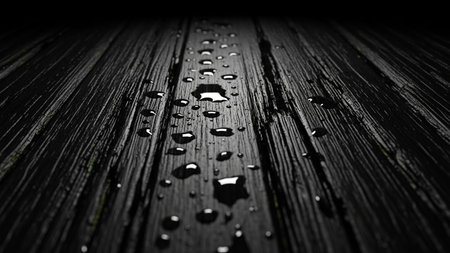 A close-up, low-angle view of dark, weathered wooden planks covered in numerous glistening water droplets. The droplets reflect the light, creating small, bright highlights against the dark, textured wood. The scene is dimly lit, with deep shadows emphasizing the grain and texture of the wood, creating a moody and dramatic atmosphere. The focus is on the intricate details of the water and its interaction with the surface.の素材