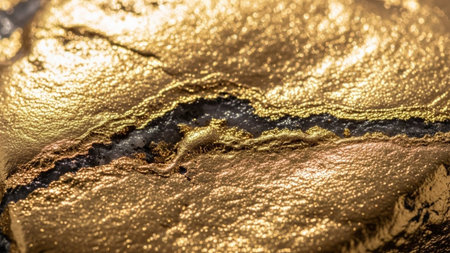 An abstract, close-up view of a rock surface revealing intricate veins of shimmering gold against a dark, textured background. The metallic gold reflects light, creating a appearance. The contrast between the bright gold and the dark, rough mineral creates a visually striking and complex pattern. evokes a sense of natural wealth and geological beauty.の素材