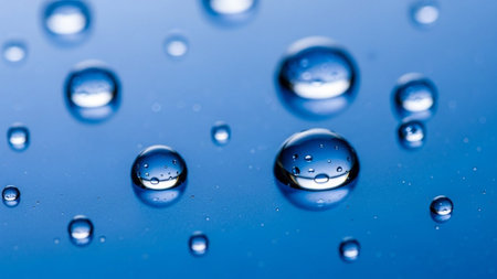 A striking macro captures numerous clear water droplets scattered across a vibrant, deep blue surface. The droplets vary in size, from tiny specks to larger, perfectly spherical orbs. Each droplet is transparent and reflects the surrounding light, creating bright highlights and subtle refractions that reveal the curvature of their surfaces. The blue background is smooth and slightly glossy, providing a rich and saturated backdrop that makes the water droplets stand out. The is characterized...の素材