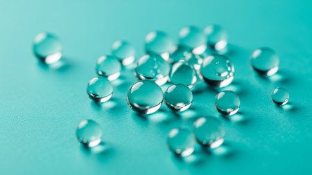 A macro captures numerous clear, transparent water droplets scattered across a vibrant teal surface. The droplets are spherical and exhibit a glossy, reflective refracting light and creating small, bright highlights. The teal background is smooth and even, providing a striking contrast to the liquid The conveys a sense of freshness, purity, and delicate detail.の素材