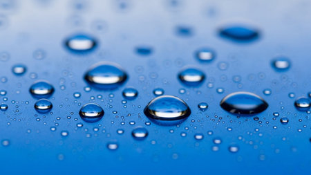 A macro capturing numerous clear water droplets of varying sizes resting on a vibrant, smooth blue surface. The droplets are perfectly spherical and highly reflective, catching the light and creating small, distorted of their surroundings. The focuses on the texture and visual appeal of the water, highlighting its purity and the subtle patterns formed by the arrangement of the drops.の素材