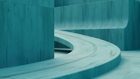 showcases an abstract architectural characterized by sweeping, curved concrete structures. The dominant color palette is a cool teal, creating a serene and somewhat futuristic atmosphere. The smooth, textured concrete surfaces play with light and shadow, emphasizing the flowing lines and geometric forms. A winding pathway or ramp guides the viewer's eye through the composition, suggesting movement and exploration within this modern, minimalist space. The overall impression is one of clean,...の素材