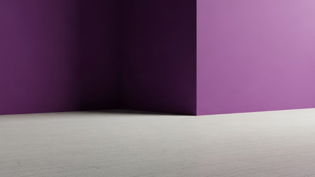 A minimalist interior scene featuring a sharp corner where two walls meet. The walls are painted in a deep, rich purple hue, creating a bold and modern aesthetic. The floor is composed of light grey wooden planks, laid horizontally, providing a subtle contrast in color and texture. The lighting casts soft shadows, emphasizing the geometric lines of the room and creating a sense of depth and tranquility. is backgrounds, concepts, or showcasing minimalist interior styles.の素材
