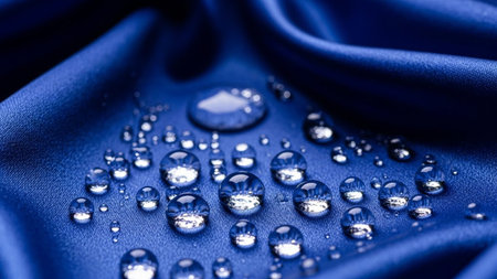 A detailed macro shot of numerous clear water droplets scattered across a rich, deep blue satin fabric. The droplets are perfectly spherical and highly reflective, capturing the light and the texture of the underlying silk-like The smooth, lustrous surface of the satin contrasts beautifully with the wet, glistening spheres. evokes a sense of purity, freshness, and advanced properties, beauty, science, or abstract backgrounds.の素材