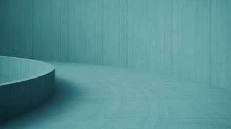 showcases a minimalist concrete interior with a prominent curved wall that leads into a textured floor. The entire space is bathed in a uniform teal hue, creating a serene and calming atmosphere. The concrete surfaces exhibit subtle textures and variations, adding depth and visual interest without being distracting. The clean lines and geometric forms suggest a modern architectural possibly a gallery, studio, or an abstract architectural space. The lighting is soft and even, emphasizing the...の素材