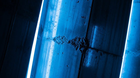 An abstract composition featuring vibrant blue light streaks illuminating a rough, textured concrete wall. The light creates sharp, parallel lines that cut across the uneven surface of the concrete, highlighting its gritty and industrial character. The contrast between the bright blue light and the dark, shadowed concrete is striking. evokes a sense of modernity, technology, or a futuristic aesthetic, with the light acting as a dynamic against the static, weathered The composition is...の素材