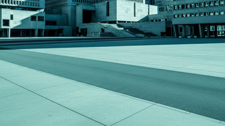 A wide, empty concrete plaza stretches towards imposing brutalist buildings. The architecture stark geometric shapes, repetitive windows, and deep shadows cast by the sunlight, creating a sense of scale and austerity. The cool blue-grey tones and clean lines emphasize the minimalist and modern aesthetic of the urban environment.の素材