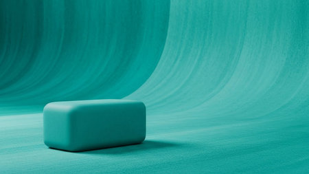 A minimalist and serene scene set against a smooth, curved backdrop in a vibrant teal color. A single, solid rectangular with rounded edges sits on the floor in the foreground. The lighting is soft and diffused, creating gentle shadows and highlighting the smooth, continuous curves of the backdrop. The overall aesthetic is clean, modern, and abstract, evoking a sense of calm and sophistication. is product presentations, concepts, or as a clean, abstract background.の素材