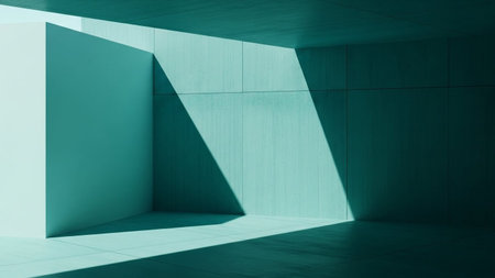 a minimalist interior space characterized by clean geometric shapes and strong contrasts between light and shadow. The walls and floor are rendered in a cool turquoise or teal hue. Sunlight streams in, casting sharp, defined shadows that create a dynamic interplay of light and dark across the surfaces. The overall aesthetic is modern, serene, and abstract, emphasizing form and space.の素材
