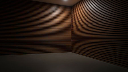 An empty modern interior room walls covered in dark brown, horizontally slatted wood paneling. The parallel lines of the wood create a strong geometric pattern and texture. A clean concrete floor stretches across the space, meeting the walls at a sharp corner. A single recessed light fixture on the ceiling casts a soft glow, creating subtle shadows and highlighting the wood grain. The overall aesthetic is minimalist, and contemporary, offering a warm yet sleek backdrop.の素材