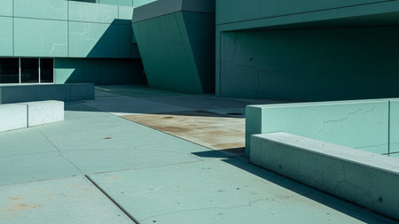 A modern architectural exterior characterized by its teal-colored concrete surfaces and sharp, angular forms. The scene a clean, minimalist with geometric shapes and distinct lines. Sunlight casts shadows, highlighting the structure's form and creating visual depth. The overall impression is one of contemporary urban with a focus on and geometric composition.の素材