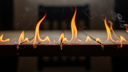 A dramatic close-up shot of intense orange and yellow flames licking the edges of dark wooden planks. Wisps of smoke rise from the burning wood, creating an atmospheric and dynamic scene. The fire glows with heat, casting light and shadow on the textured surface of the planks. The background is dark and out of focus, emphasizing the raw power and destructive beauty of the fire.の素材